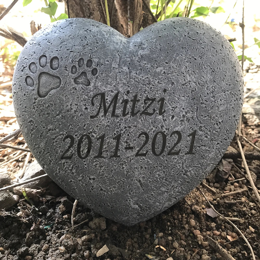 Cat & Dog Heart Shaped  Paw Print Remembrance Stone Grave Marker for Outdoor & Indoor Display